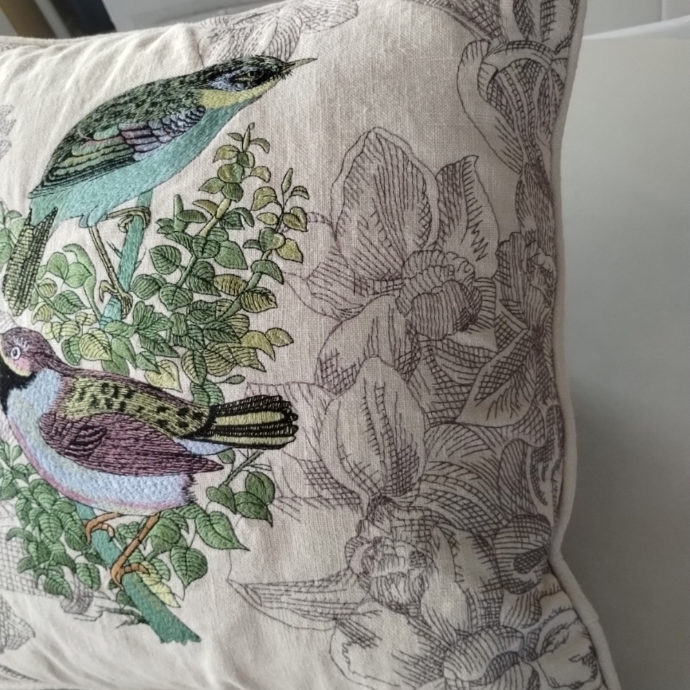 Embroidered Birds & Floral Accent Pillow Cream Cottagecore Shabby Chic Nature - Picture 4 of 10